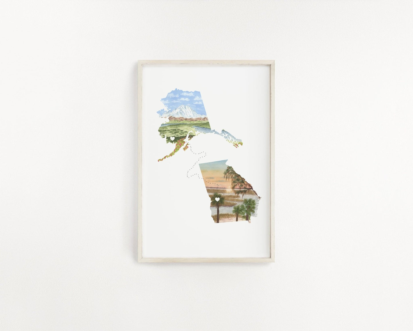 Custom Trail State to State Print, Custom State Art, Moving State Gift, States with Heart Trail Emilie Taylor Art