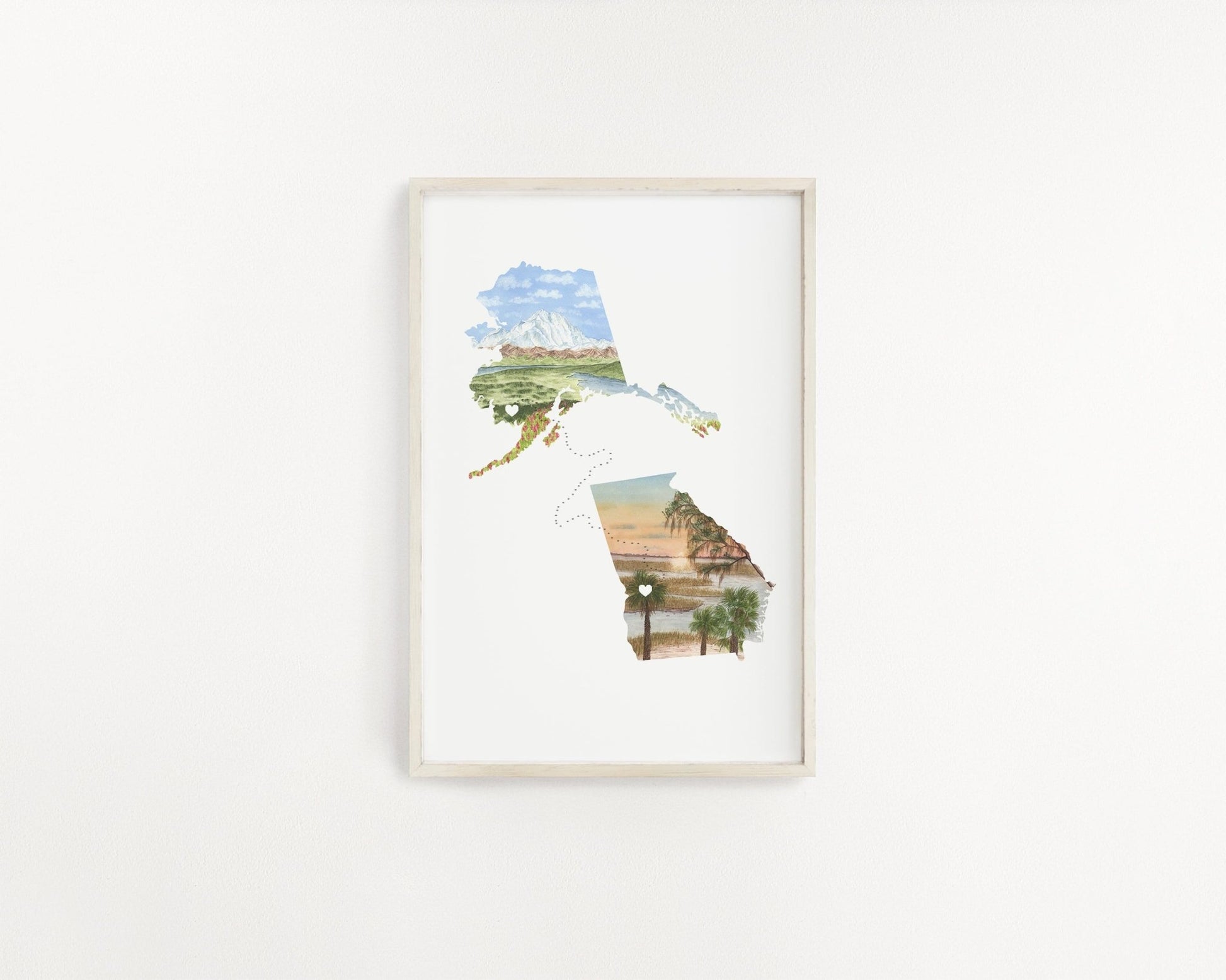 Custom Trail State to State Print, Custom State Art, Moving State Gift, States with Heart Trail Emilie Taylor Art