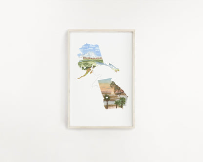 Custom Trail State to State Print, Custom State Art, Moving State Gift, States with Heart Trail Emilie Taylor Art