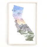 California Watercolor Print, Yosemite National Park Art, California State, California Shape Wall Art