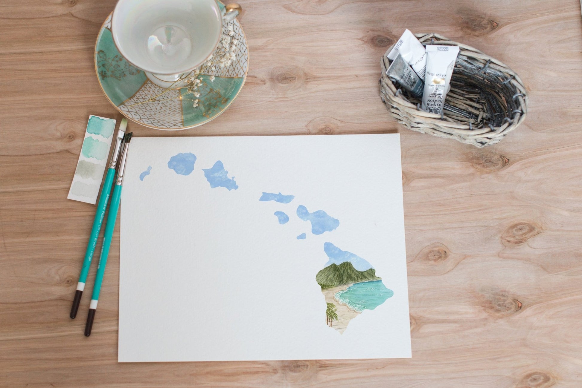 Hawaii Watercolor Painting, Hawaii State Art, Home State Print, Hawaii Souvenir, Hawaii Map Art Emilie Taylor Art