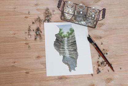 Illinois Watercolor Painting, Illinois Art, Illinois Map, Starved Rock State Park IL, French Canyon Emilie Taylor Art