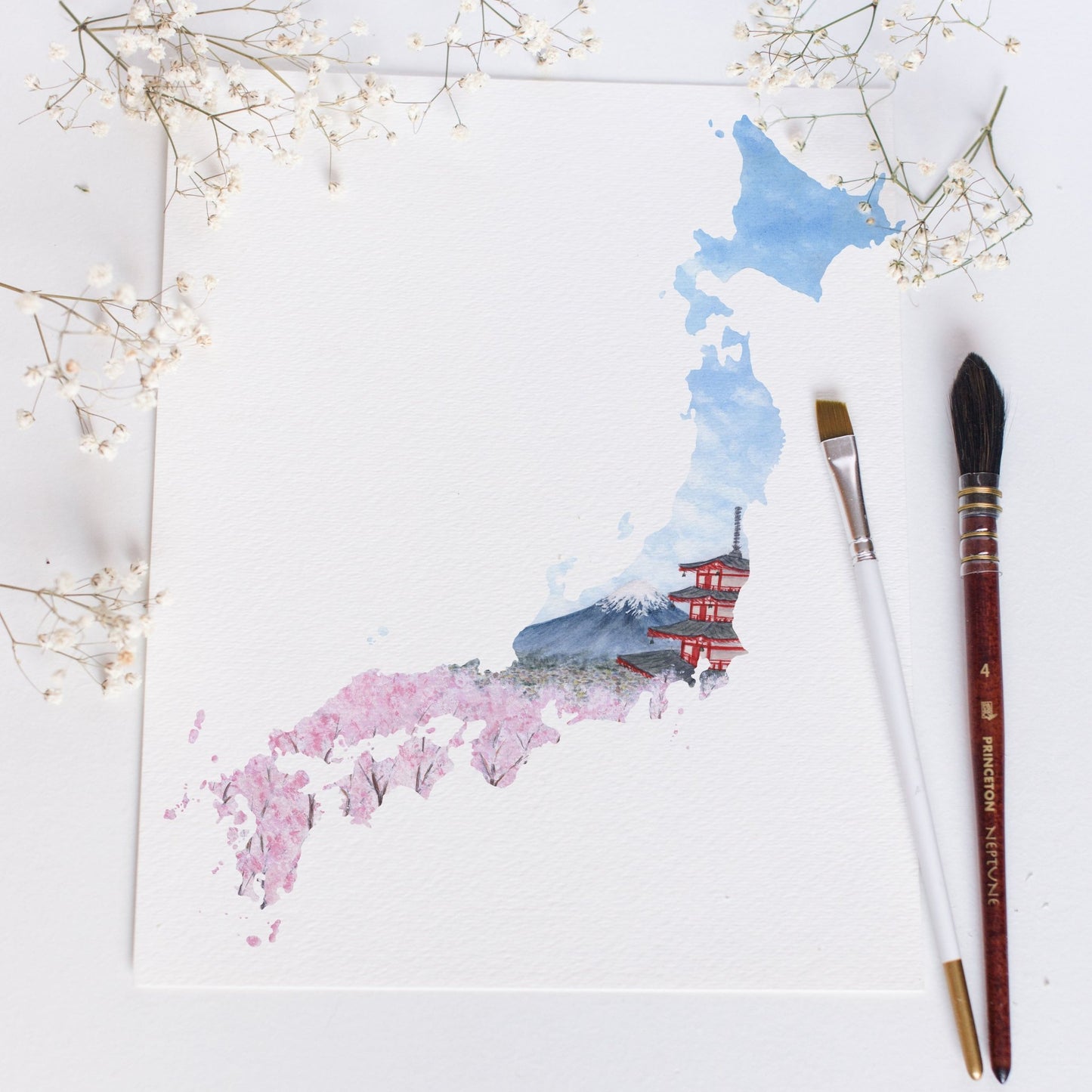 Japan Watercolor Painting, Japan Art, Mount Fuji, Japan Souvenir, Japan Country Print Emilie Taylor Art