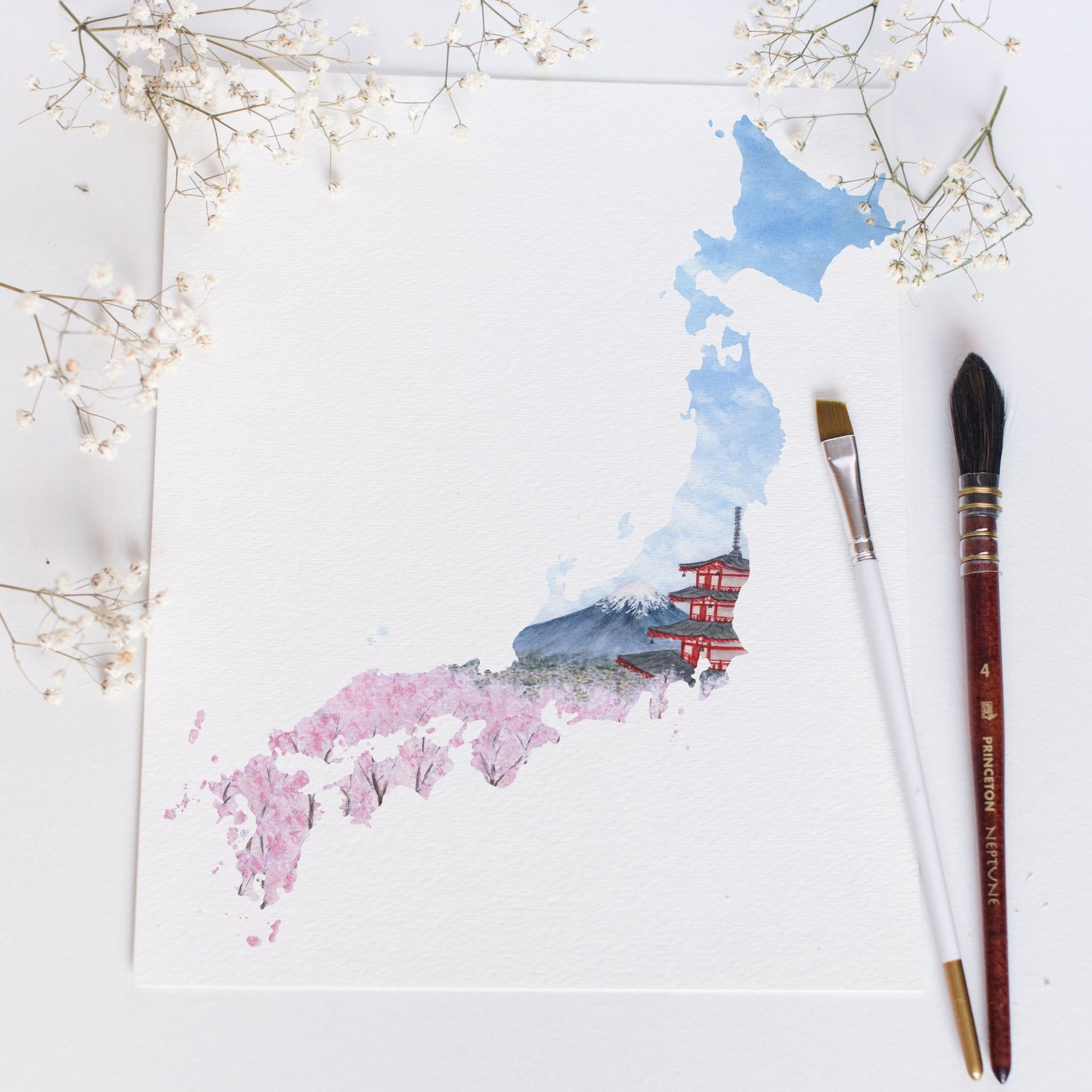 Japan Watercolor Painting, Japan Art, Mount Fuji, Japan Souvenir, Japan Country Print Emilie Taylor Art