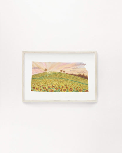 Kansas Watercolor Print, Kansas State Art, Home State Art, Kansas map art, Sunflower Field KS Emilie Taylor Art