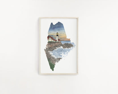 Maine Portland Head, Maine Watercolor Painting, Portland Lighthouse painting Emilie Taylor Art