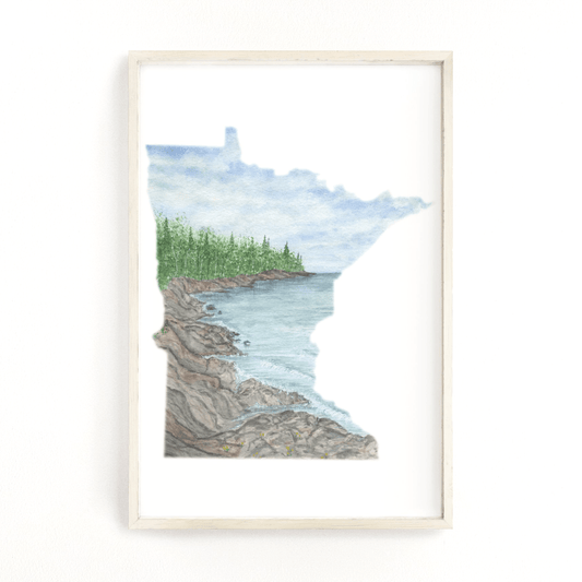 Minnesota Watercolor Painting, MN North Shore Decor, Minnesota State shape art, Minnesota print Emilie Taylor Art