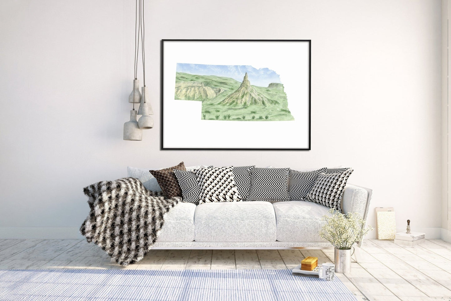 Nebraska Watercolor Painting, Nebraska State, Nebraska Map Art, Chimney Rock NE, Nebraska Poster Emilie Taylor Art