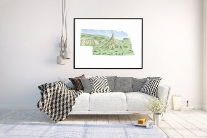 Nebraska Watercolor Painting, Nebraska State, Nebraska Map Art, Chimney Rock NE, Nebraska Poster Emilie Taylor Art