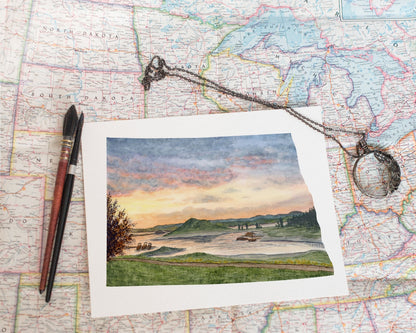 North Dakota Watercolor Print, Lake Getaway North Dakota State Art, Sunset in ND Emilie Taylor Art