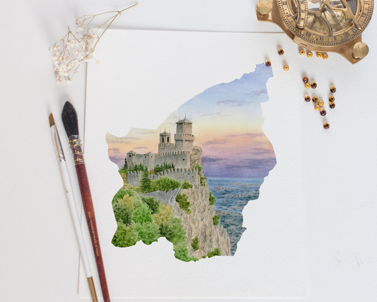 San Marino Watercolor Print, San Marino Art, The Towers San Marino, Country Painting, Travel Souvenir Emilie Taylor Art
