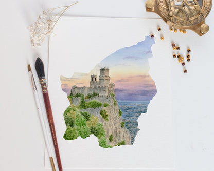 San Marino Watercolor Print, San Marino Art, The Towers San Marino, Country Painting, Travel Souvenir Emilie Taylor Art
