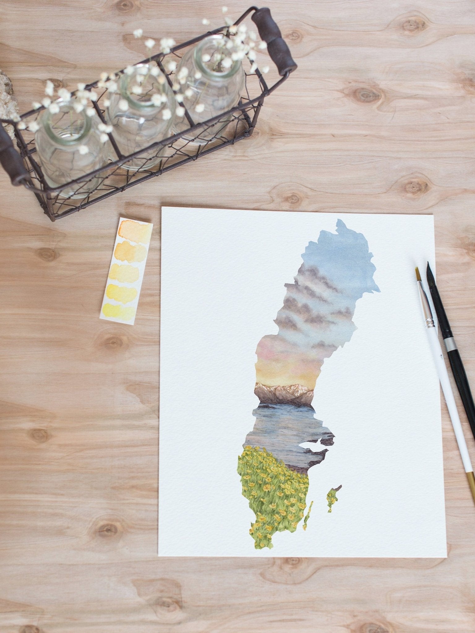 Sweden Watercolor Print, Sweden Art, Sweden Painting, Abisko National Park, Sweden shape Print Emilie Taylor Art