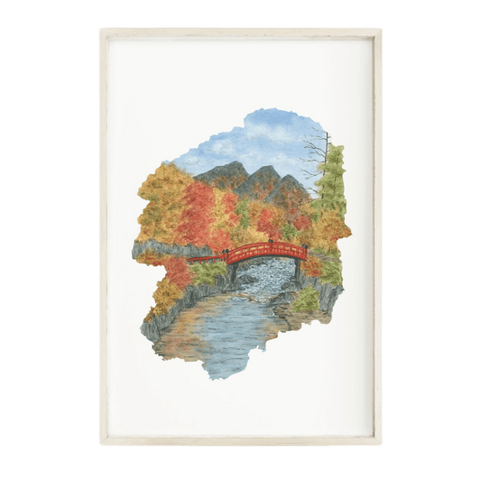 Tochigi Watercolor Painting, Japan Art, Tochigi Art, Shinkyo bridge, Tochigi Print Emilie Taylor Art