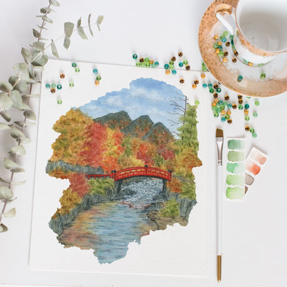 Tochigi Watercolor Painting, Japan Art, Tochigi Art, Shinkyo bridge, Tochigi Print Emilie Taylor Art