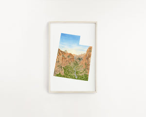 Utah Watercolor Painting, Zion National Park, Angels Landing, Utah State Art, Utah Map Print, UT Art