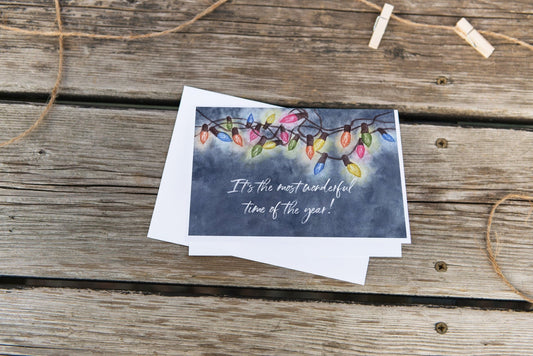Watercolor Christmas Card, lights Christmas Card, It's the most wonderful time of the year card Emilie Taylor Art