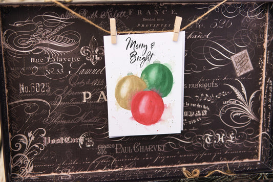 Watercolor Christmas Card, Merry and Bright, Christmas Ornament Greeting Card, Christmas Bulb Card Emilie Taylor Art