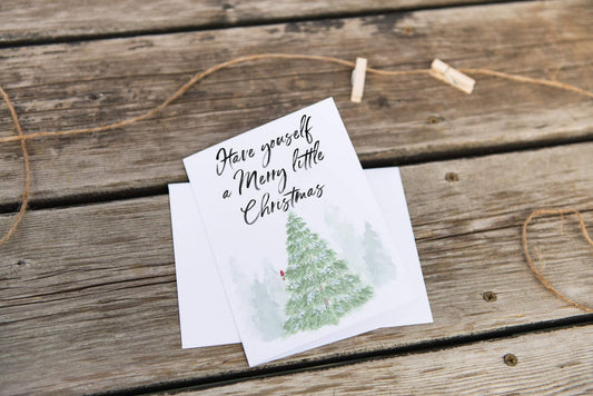 Watercolor Christmas Card, Merry Little Christmas, Tree Farm Greeting Card, Christmas Tree Card Emilie Taylor Art